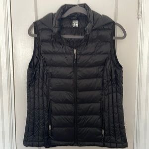 Puffer vest with hood.